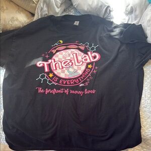 Black Graphic T-Shirt with Pink and White Design